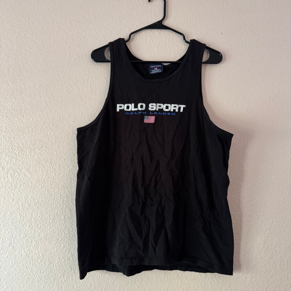 Vtg Polo Sport Ralph Lauren Tank Top Shirt Spellout USA Flag Black Mens L